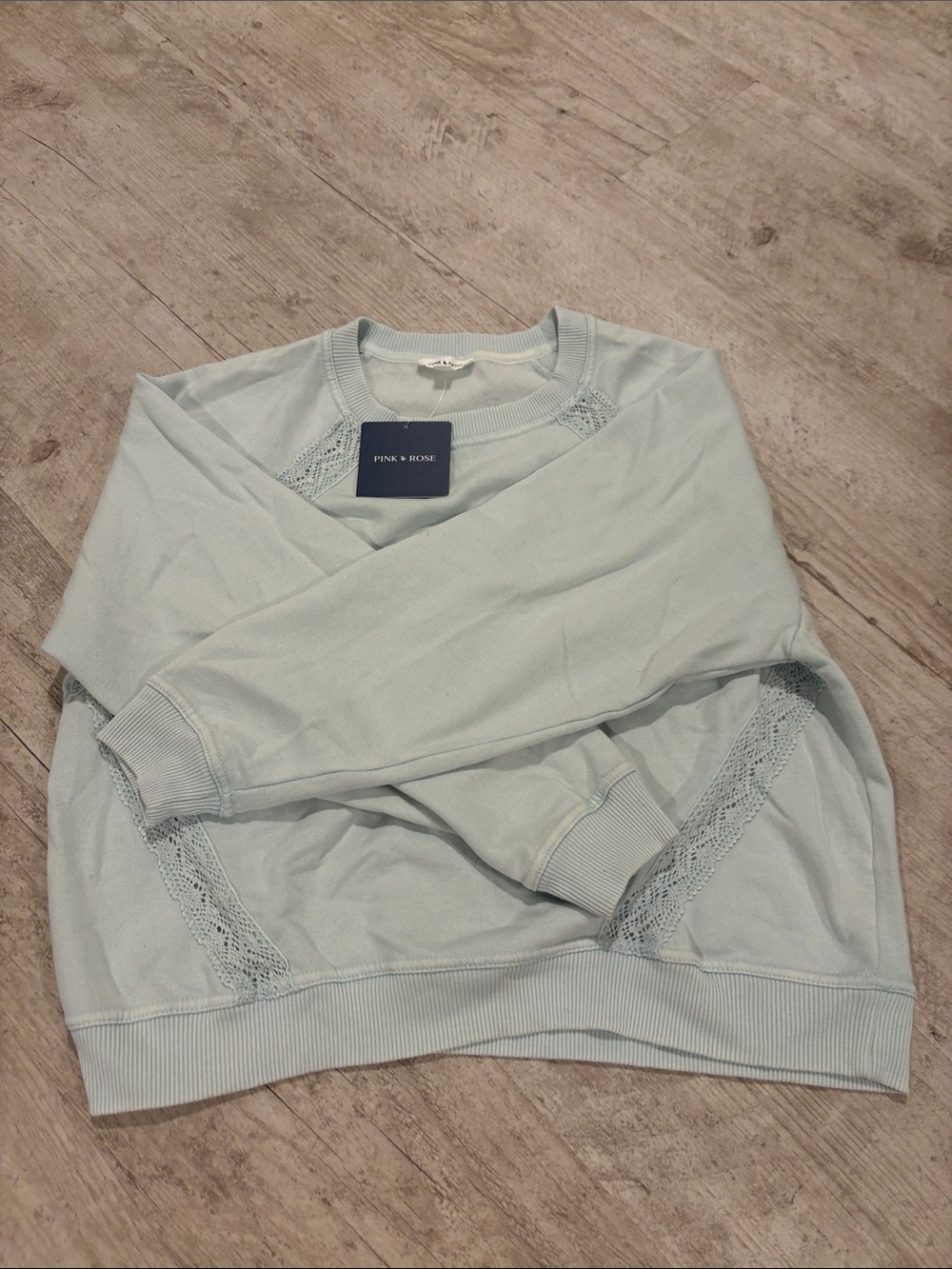 Pink Rose Women's Pale Blue Crewneck Sweater with Lace Trim